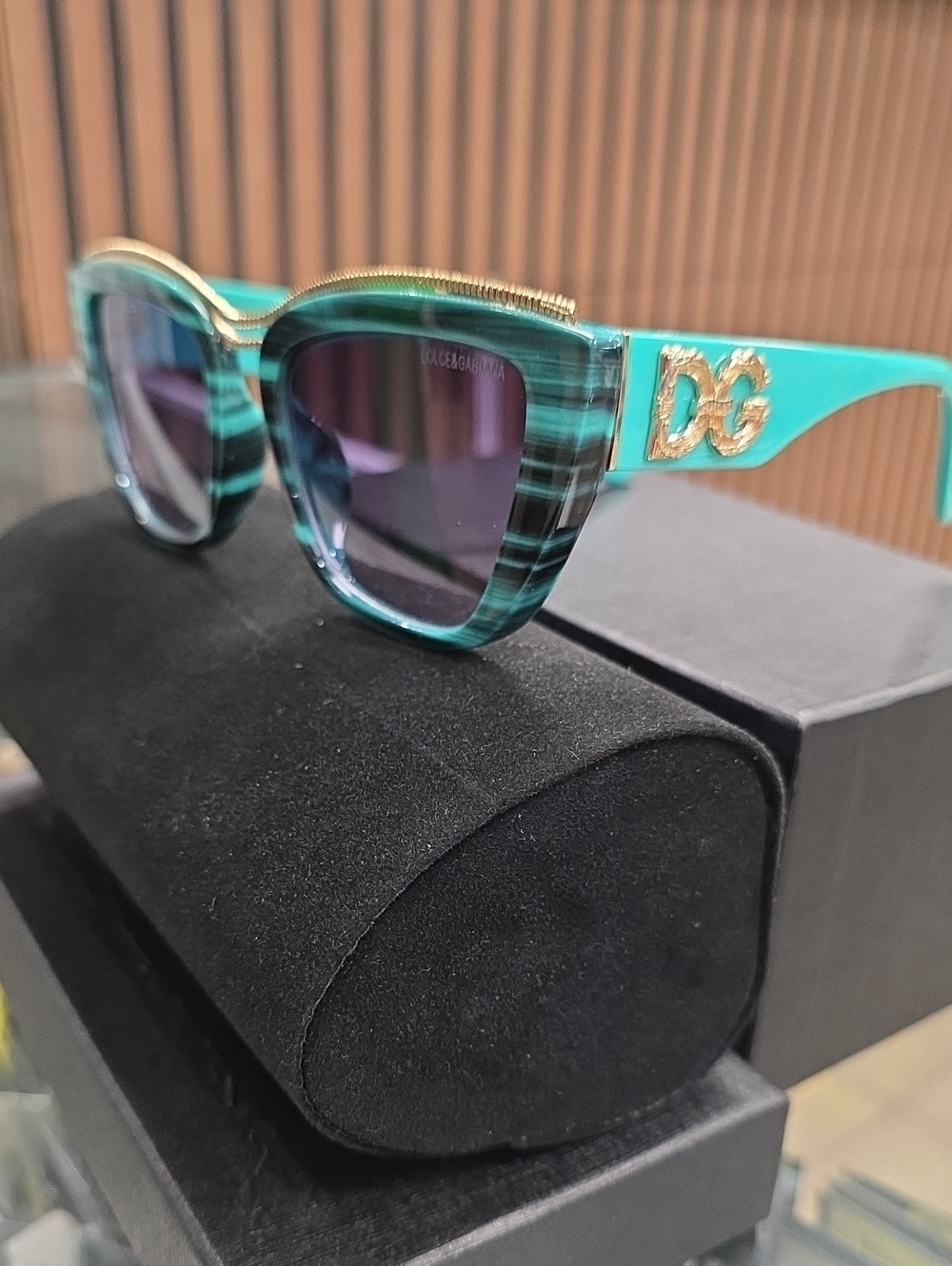 Dolce & Gabbana Turquoise Striped Cat-Eye Sunglasses with Gold Accents